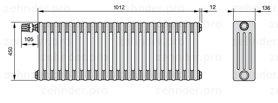 Схема (чертеж) Радиатор Zehnder Charleston 4045/22 №V012 Белый глянцевый RAL 9016
